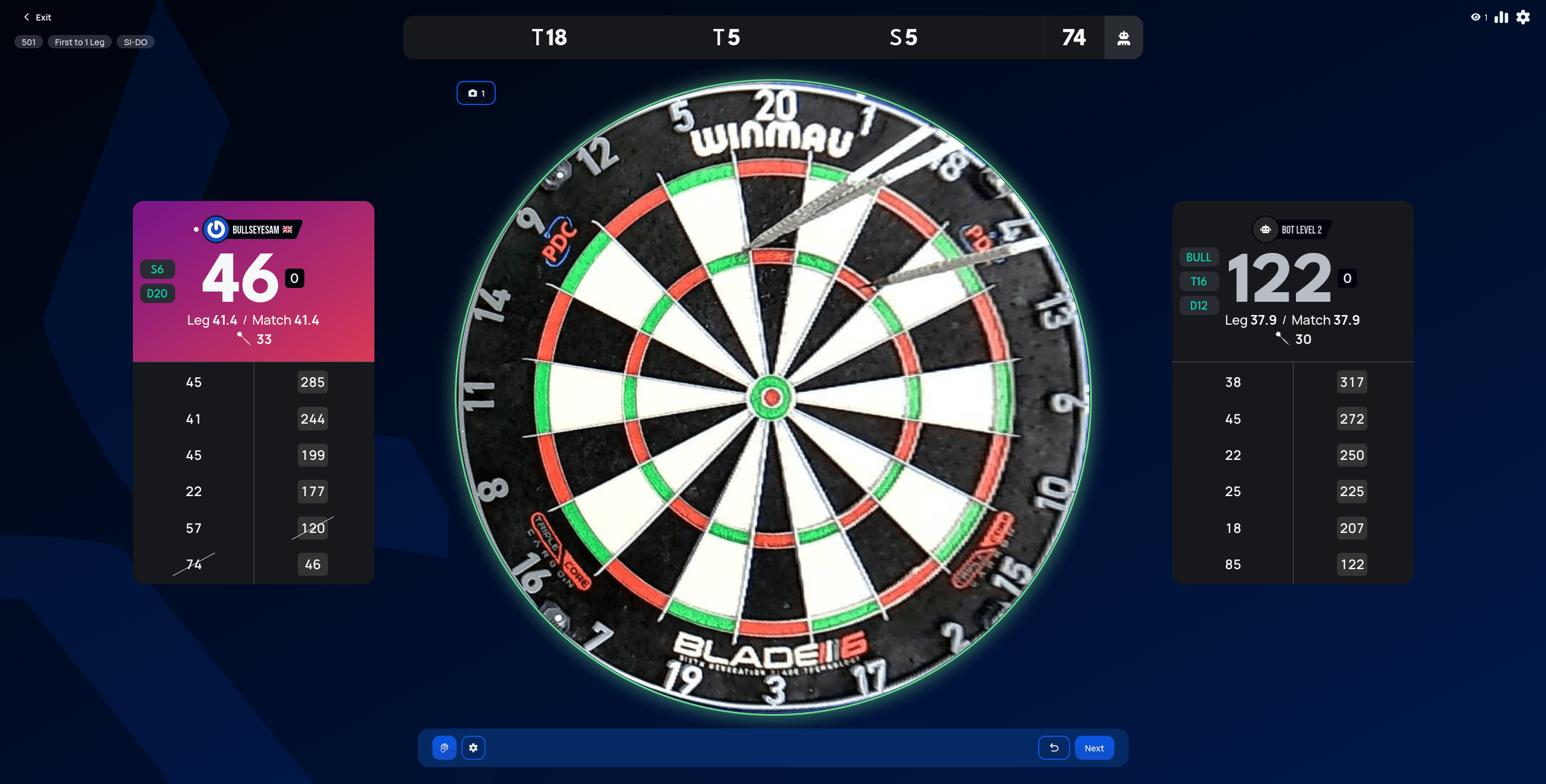 Live match view right after confirming the correction, with the score updated to reflect the corrected dart and the bottom bar back to its normal controls