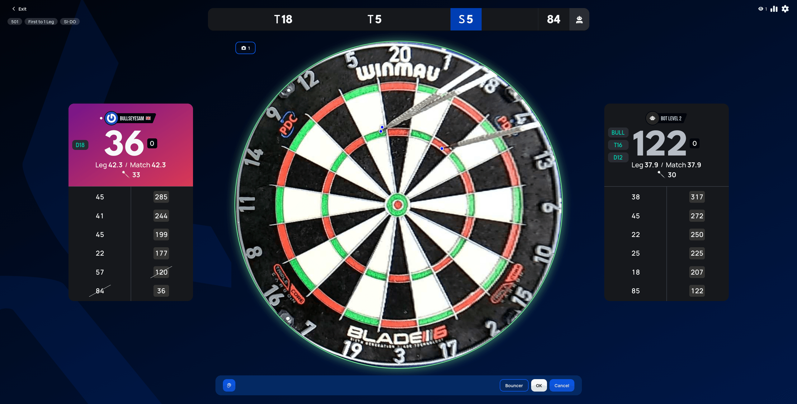 Live match view with the corrected dart now showing S5 in the score bar, ready to confirm with OK