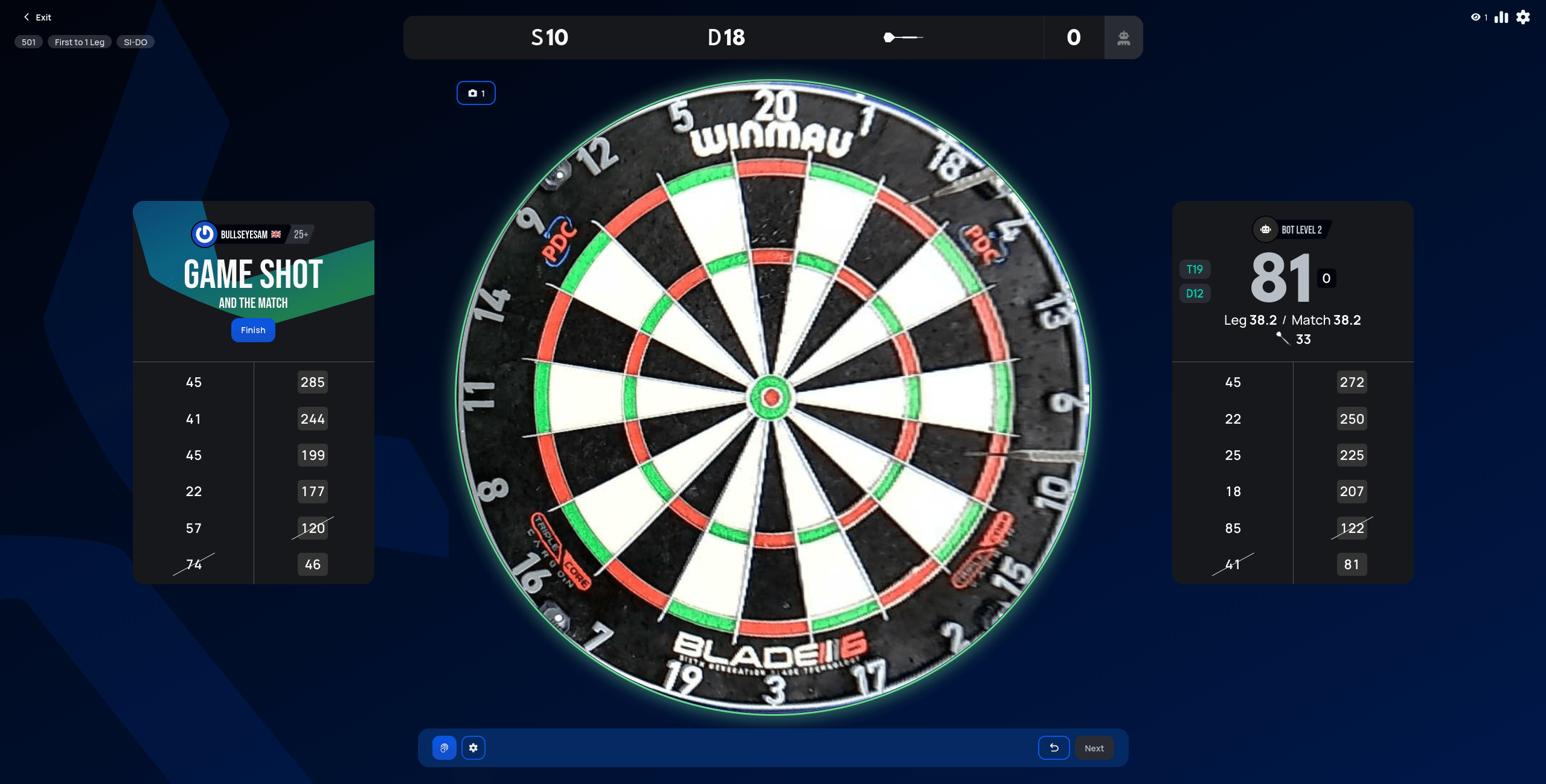 Game Shot and the Match banner on the winning player's card immediately after a checkout, with a Finish button