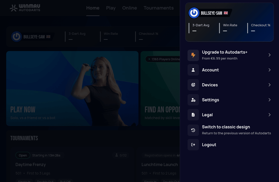 User menu open in the top-right corner, showing Upgrade to Autodarts Plus, Account, Devices, Settings, Legal, Switch to classic design, and Logout