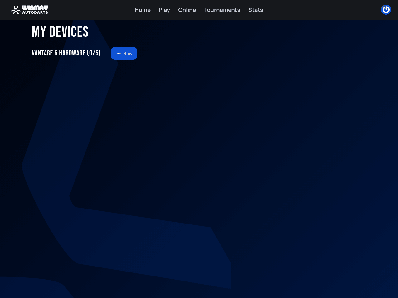 My Devices page showing an empty Vantage & Hardware list (0 of 5) and a New button