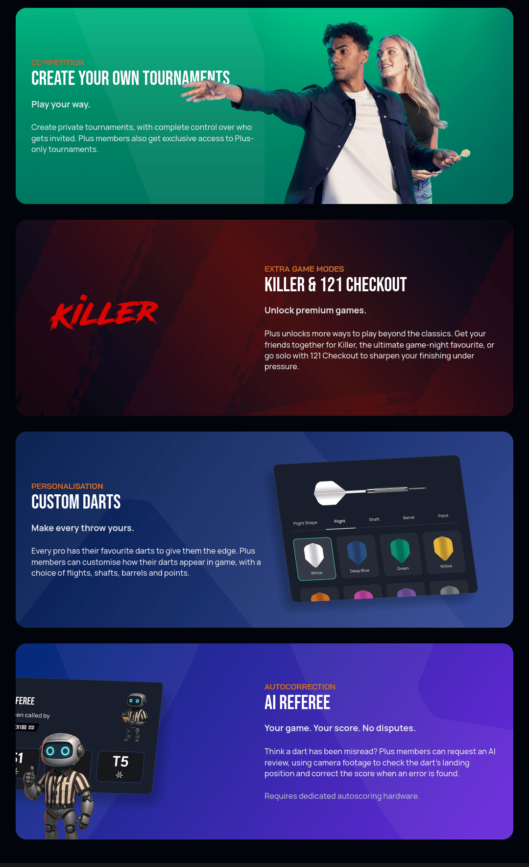 Autodarts Plus feature overview covering private tournaments, Killer and 121 Checkout game modes, custom darts, and AI referee