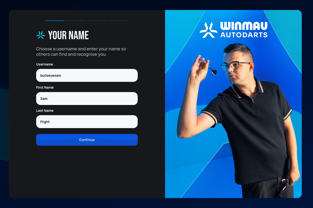 Your Name step of the setup wizard, with Username, First Name, and Last Name fields filled in