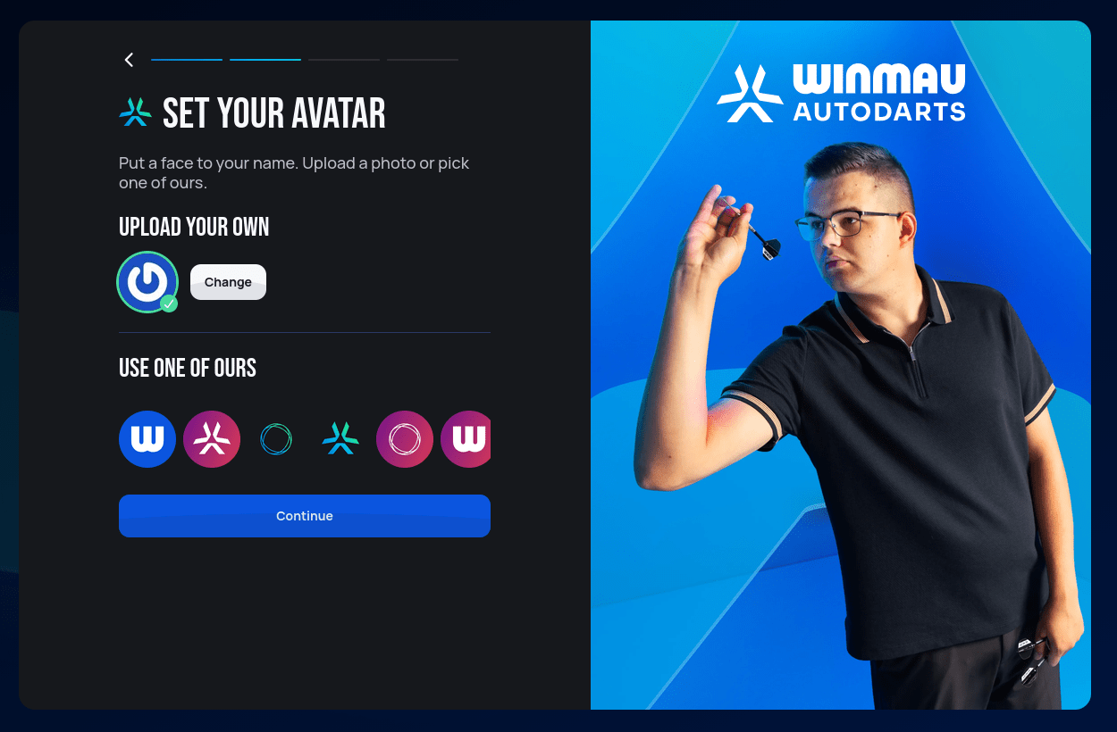 Set Your Avatar step of the setup wizard, with an Upload your own option and a row of preset avatars to pick from