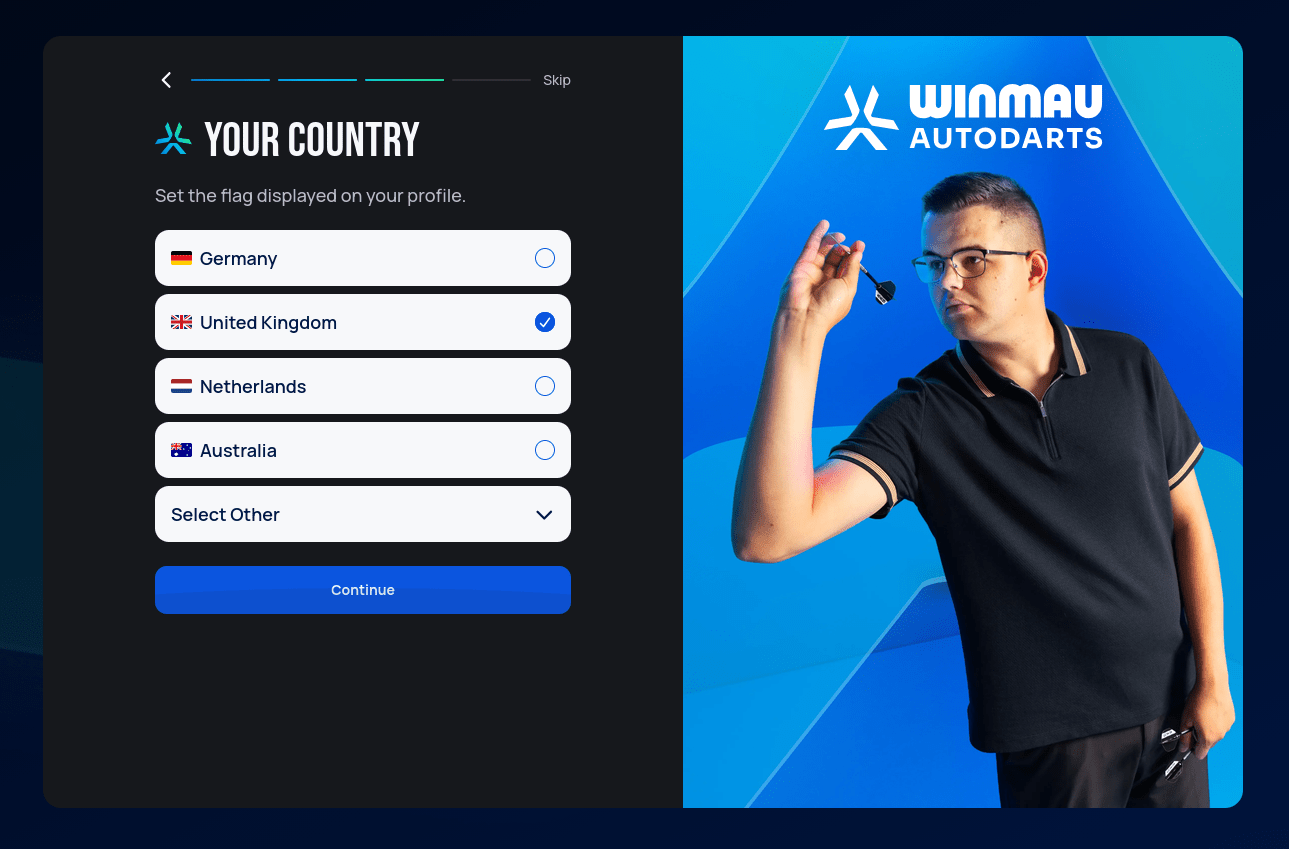 Your Country step of the setup wizard, with a list of countries to choose from and a Skip link