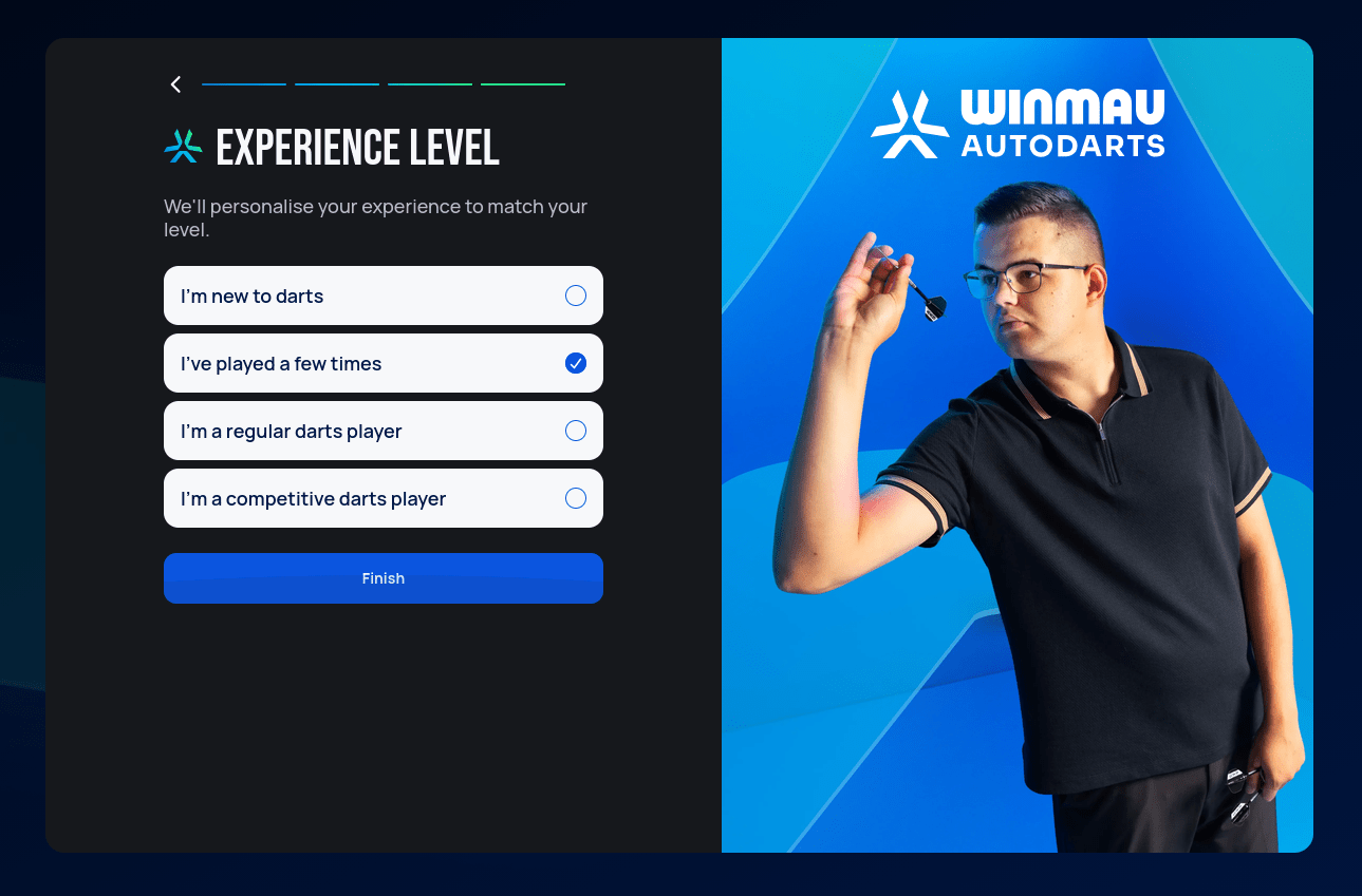 Experience Level step of the setup wizard, with options from I'm new to darts through I'm a competitive darts player
