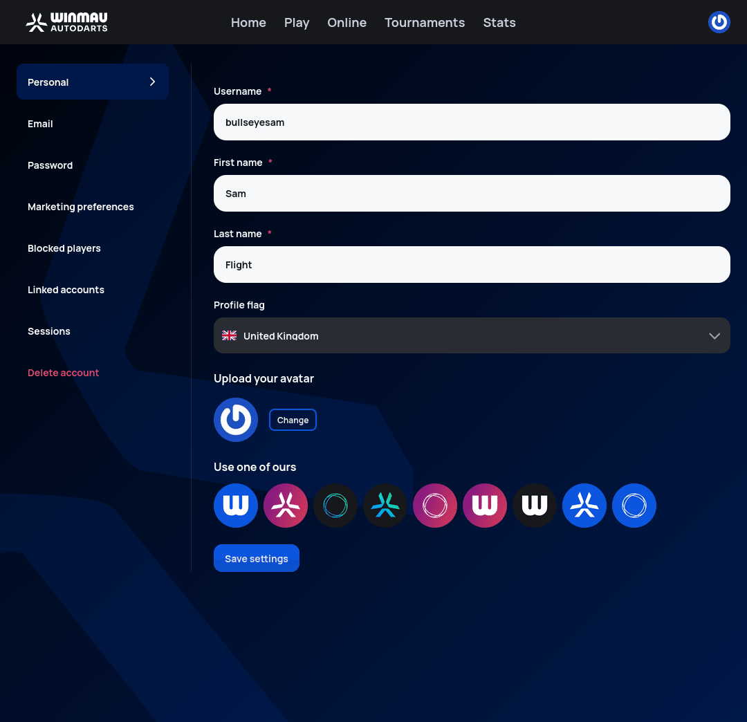 Account settings page, Personal tab, showing Username, First name, Last name, Profile flag, and avatar upload/preset fields
