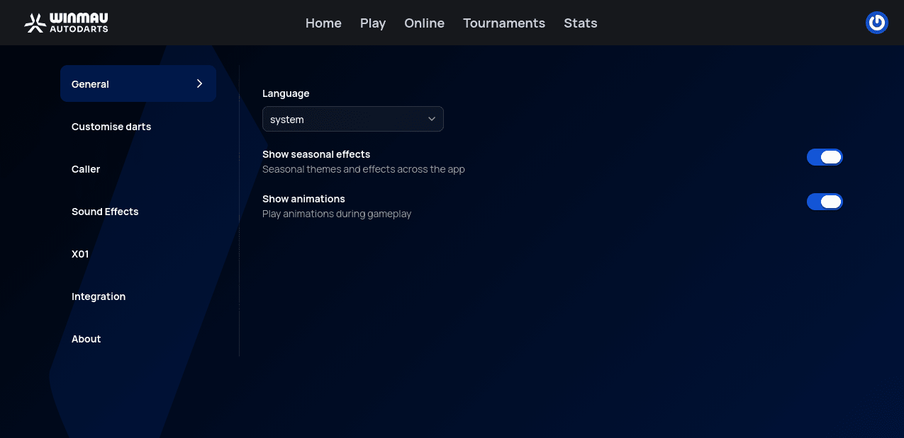 General settings tab with a Language dropdown and Show seasonal effects / Show animations toggles