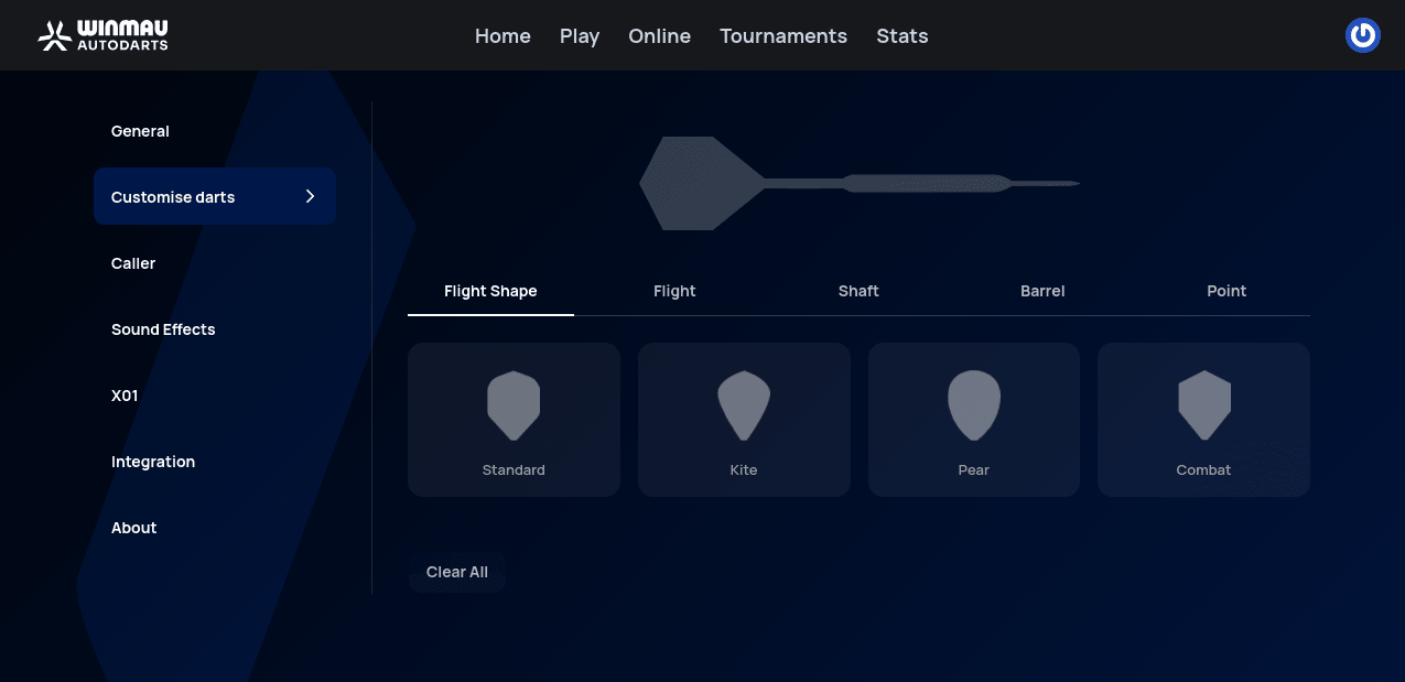 Customise darts tab, Flight Shape sub-tab, showing Standard, Kite, Pear, and Combat shape options