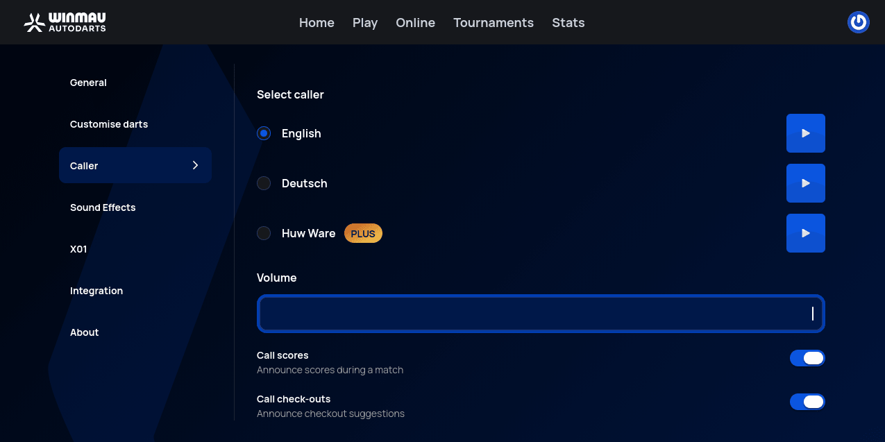 Caller settings tab with English, Deutsch, and Huw Ware (Plus) caller options, a Volume slider, and Call scores / Call check-outs toggles