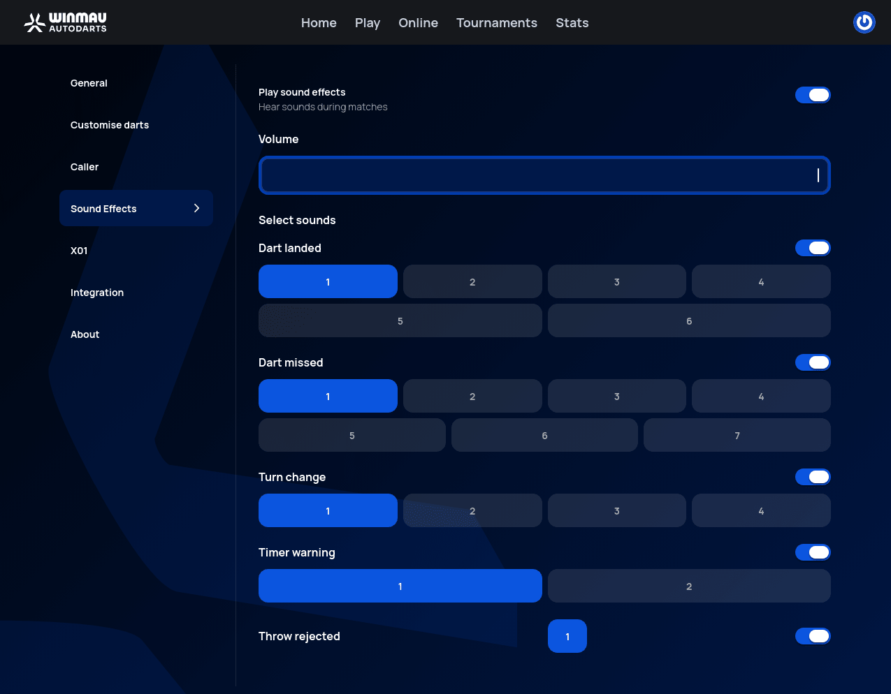 Sound Effects settings tab with an overall toggle, volume slider, and numbered preset options for Dart landed, Dart missed, Turn change, Timer warning, and Throw rejected sounds