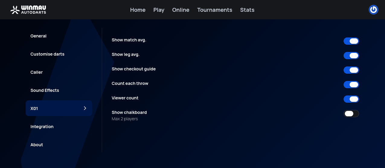 X01 settings tab with toggles for Show match avg., Show leg avg., Show checkout guide, Count each throw, Viewer count, and Show chalkboard
