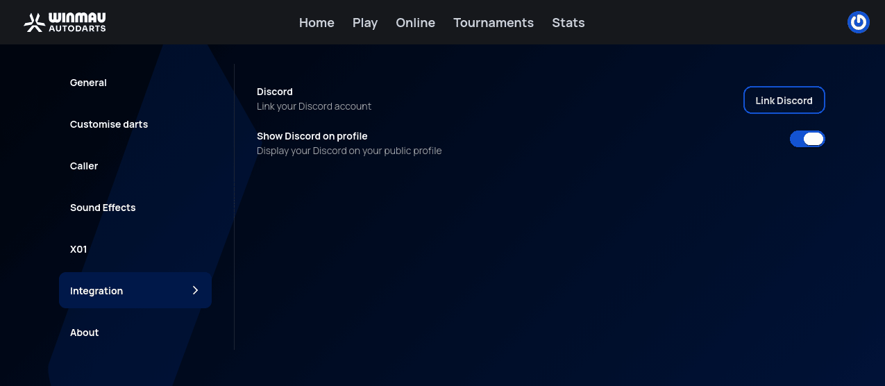 Integration settings tab with a Link Discord button and a Show Discord on profile toggle