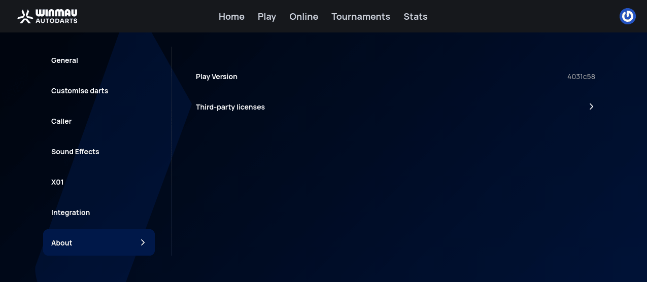 About settings tab showing the Play Version build identifier and a collapsible Third-party licenses section