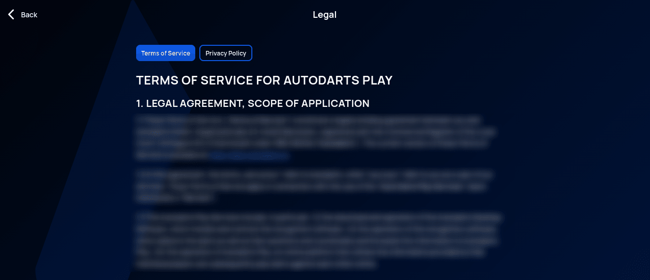 Legal page with Terms of Service and Privacy Policy tabs