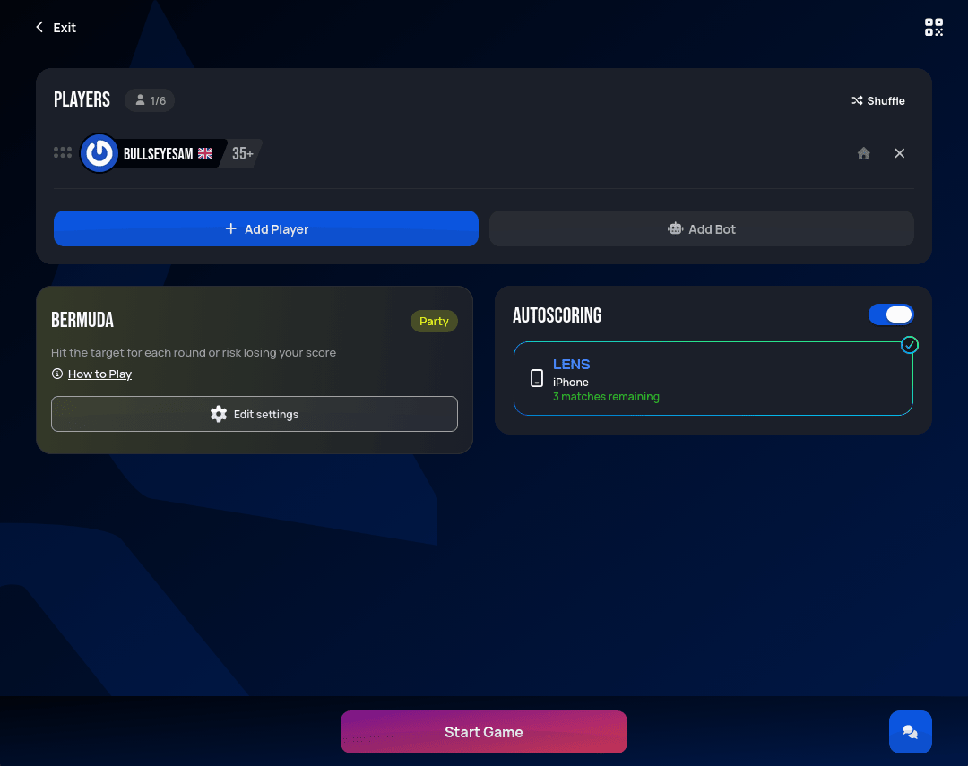 Lobby on a computer with the Autoscoring toggle on and a LENS device named iPhone selected, showing 3 matches remaining