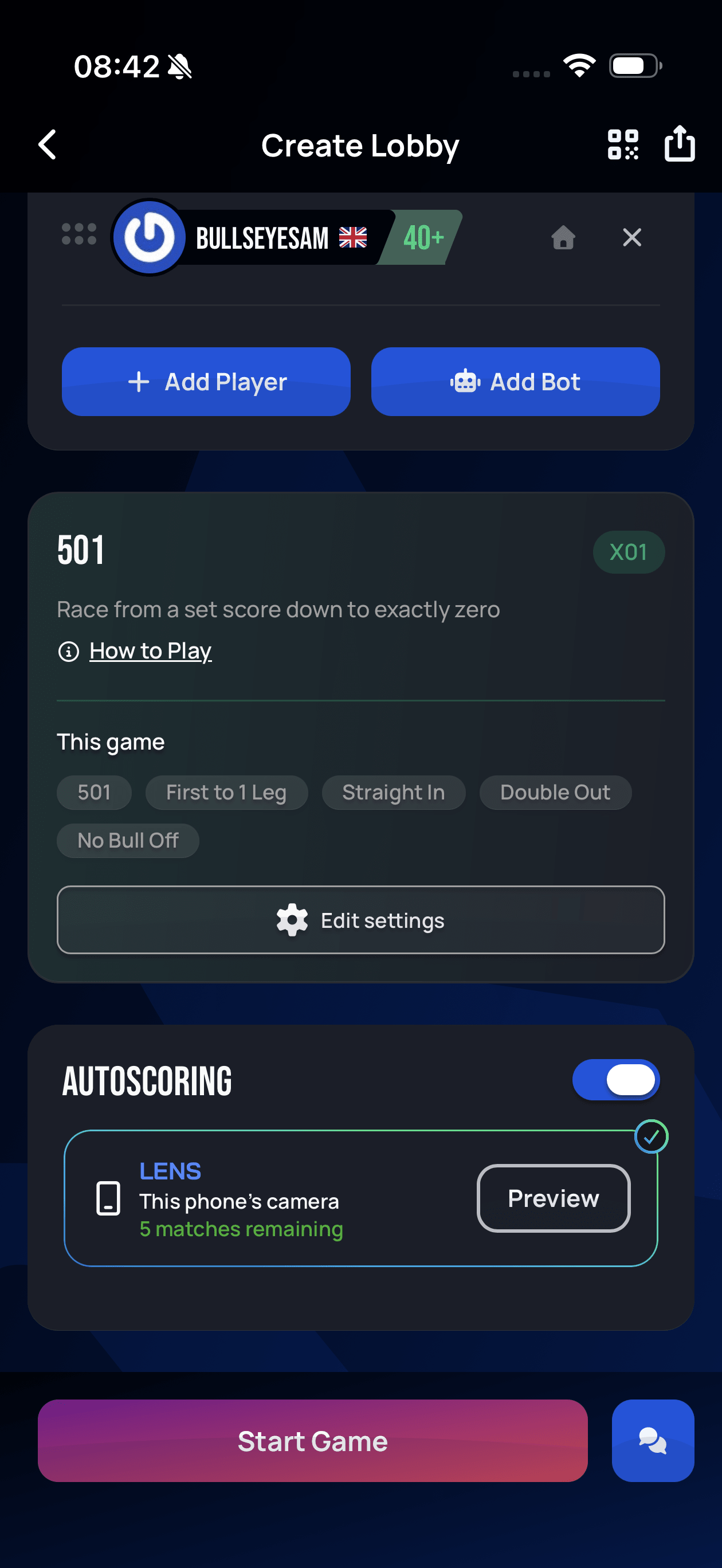 Create Lobby screen in the Autodarts mobile app with the Autoscoring toggle on and LENS selected as This phone's camera, showing 5 matches remaining and a Preview button