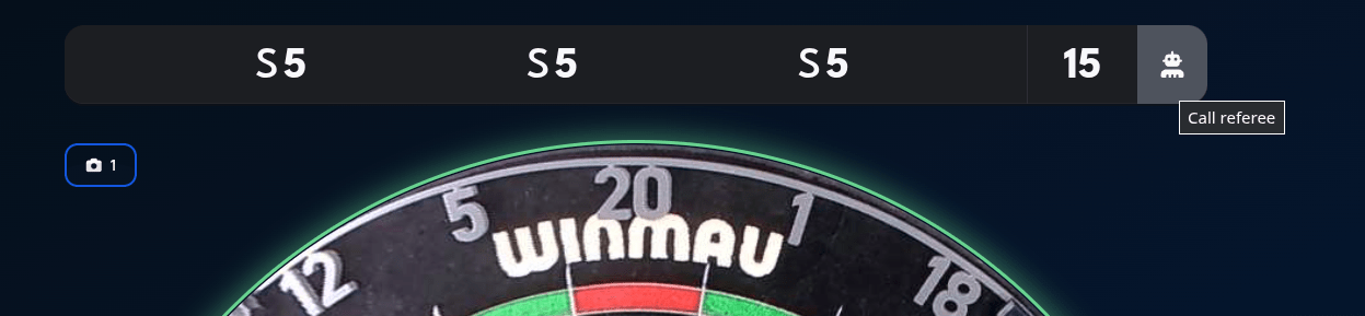 Score row showing three detected darts (S5, S5, S5) and a running total of 15, with a robot-icon button on the right showing a 'Call referee' tooltip