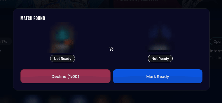 Match Found dialog showing both players' Not Ready status, with Decline and Mark Ready buttons