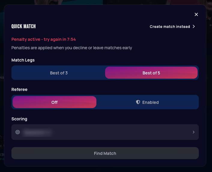 Quick Match panel showing a red 'Penalty active - try again in 7:54' message above the disabled Find Match button