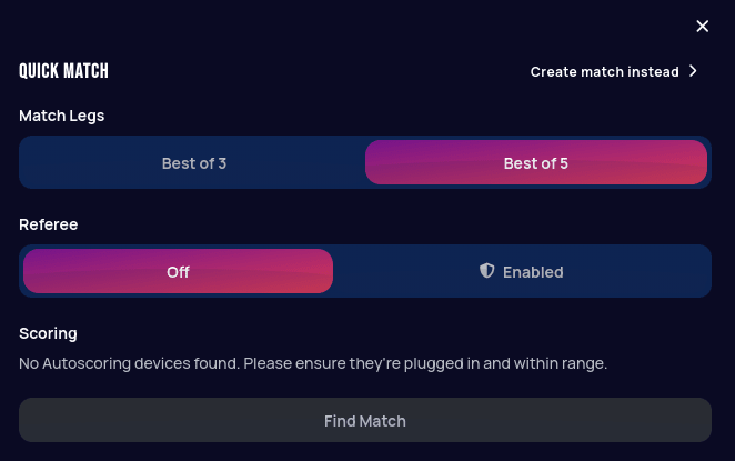 Quick Match panel with Scoring showing 'No Autoscoring devices found. Please ensure they're plugged in and within range.' and a disabled Find Match button