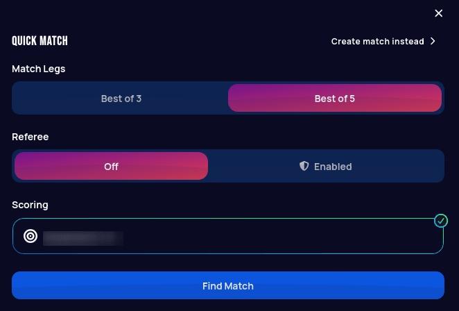 Quick Match panel with Match Legs (Best of 3 / Best of 5), Referee (Off / Enabled), and a board picked in Scoring, showing a green checkmark and an enabled blue Find Match button