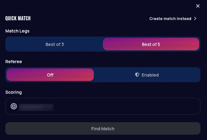 Quick Match panel with a board listed in Scoring but not yet picked — no checkmark, and a greyed-out disabled Find Match button