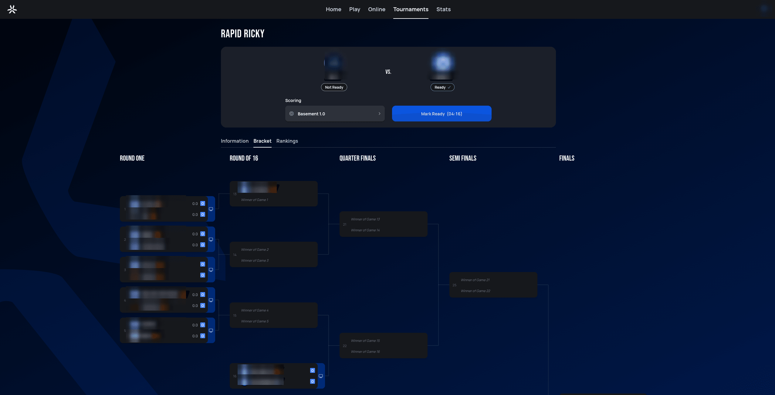 Tournament match page showing the Mark Ready countdown above the Bracket tab, with Round One already showing several completed matchups