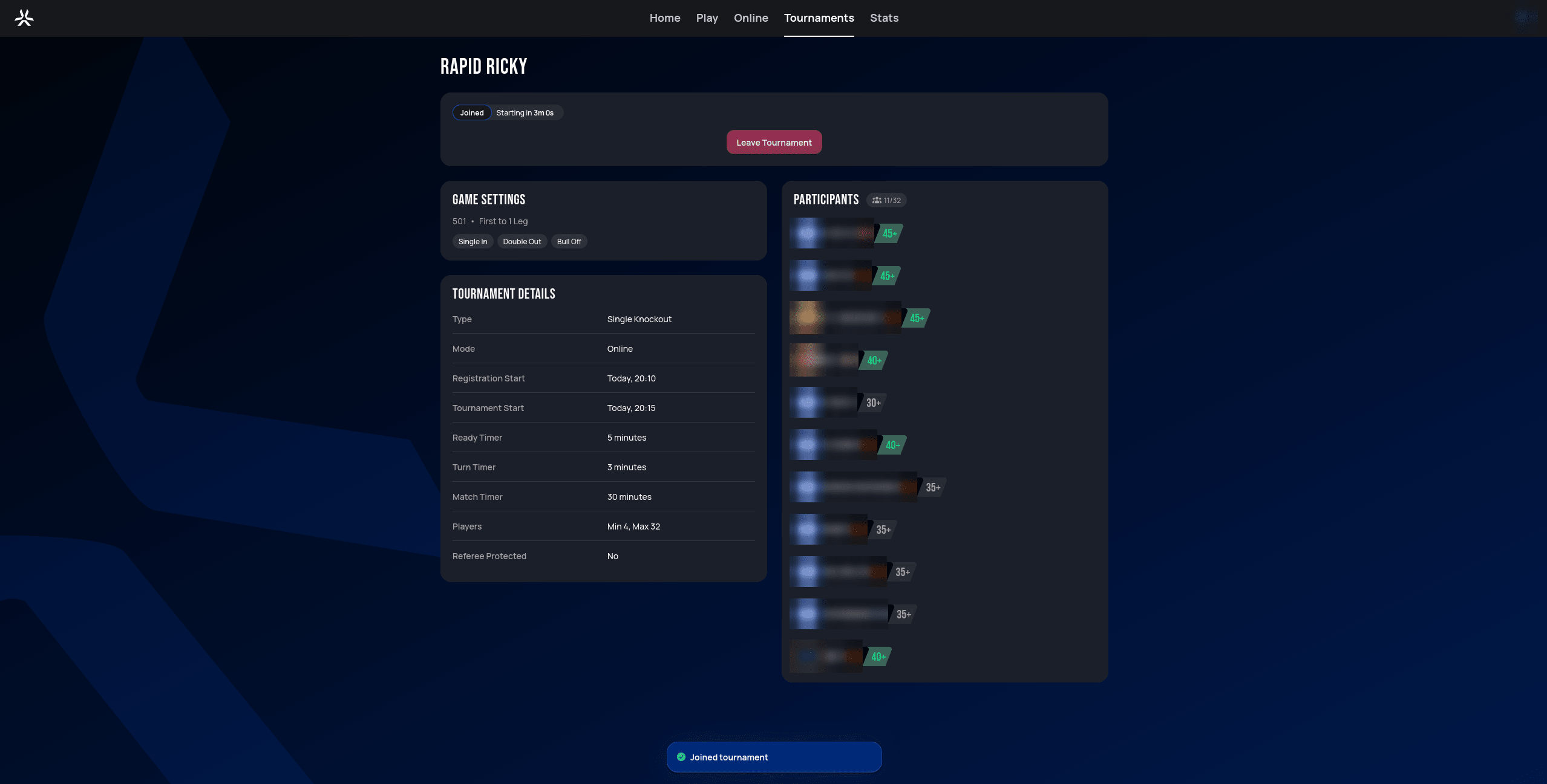 Same tournament page after joining, now showing a Joined status, a Leave Tournament button, and the player's own name added to the Participants list