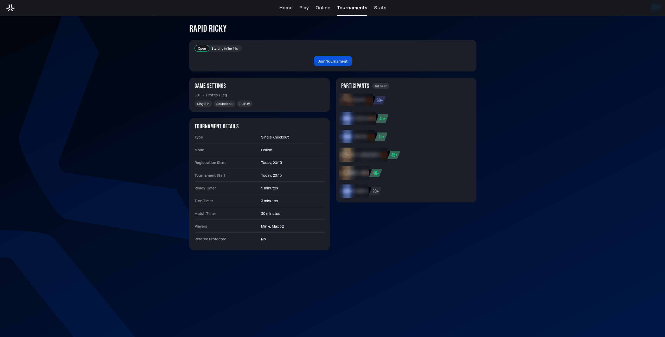 Tournament page for Rapid Ricky showing an Open status, a Join Tournament button, Game Settings, Tournament Details, and a Participants list of 6/32