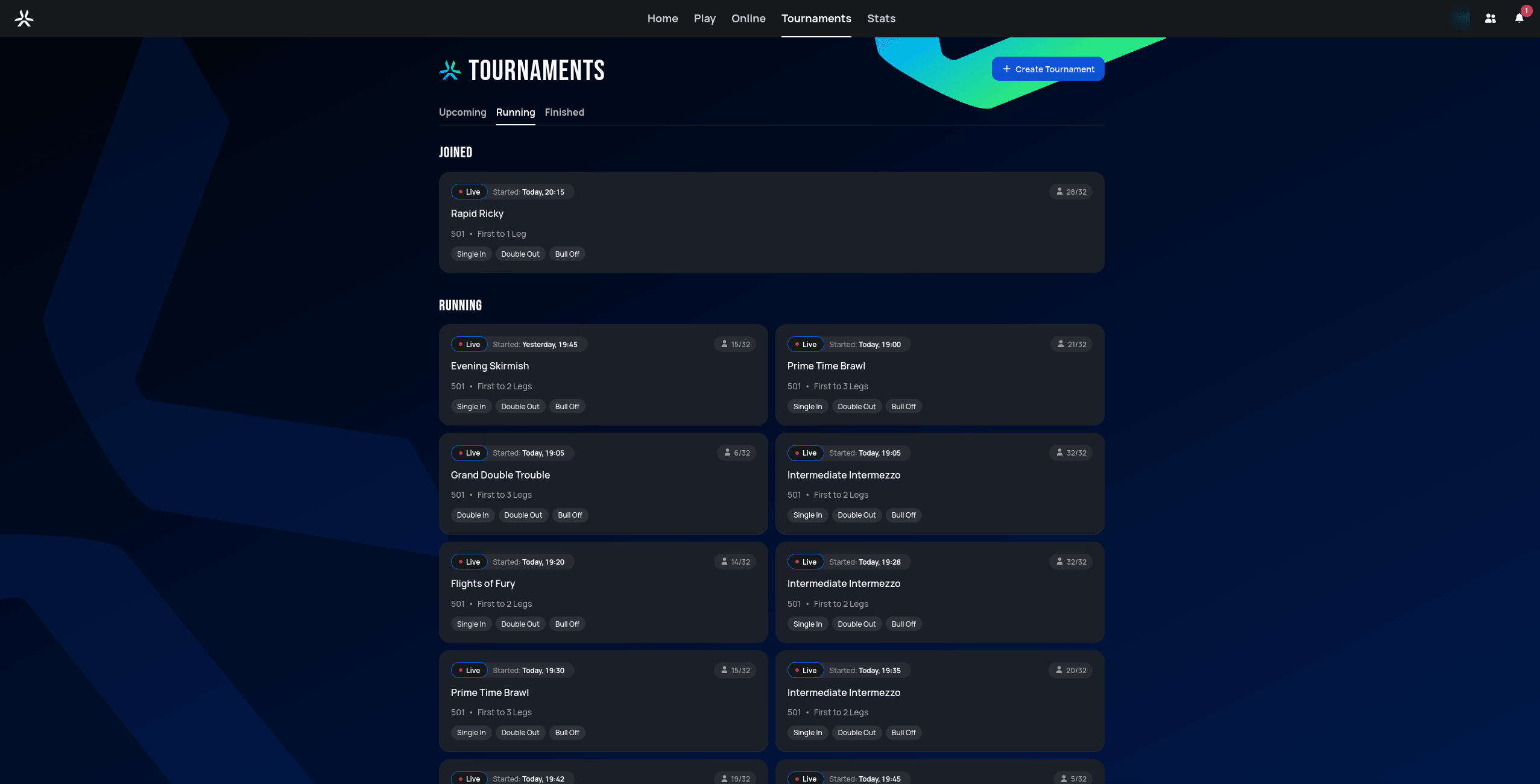 Tournaments page, Running tab, showing a Joined group with one live tournament and a Running group with several more, each showing a Live badge and start time