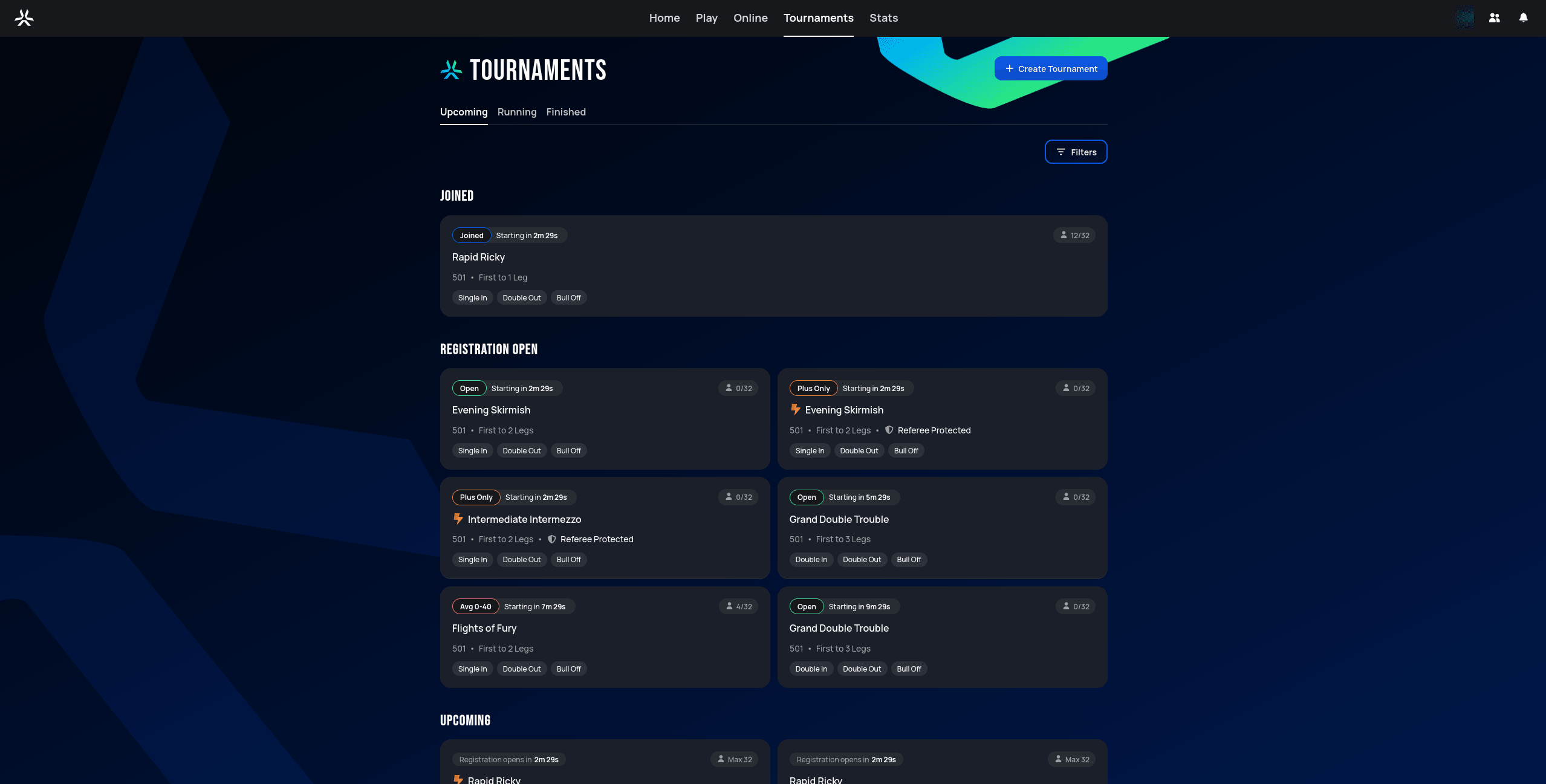 Tournaments page, Upcoming tab, now showing a Joined group at the top with one tournament card, above the Registration Open group