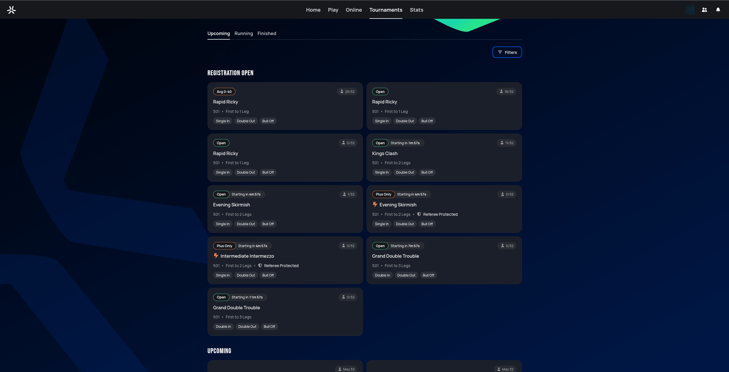 Tournaments page, Upcoming tab, showing several tournament cards grouped under a Registration Open heading