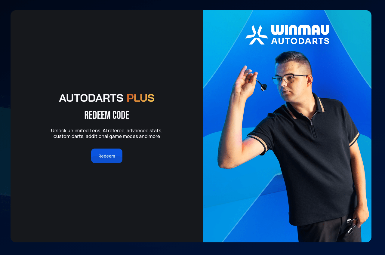 The Autodarts Plus Redeem Code page as seen when logged out, with a single Redeem button