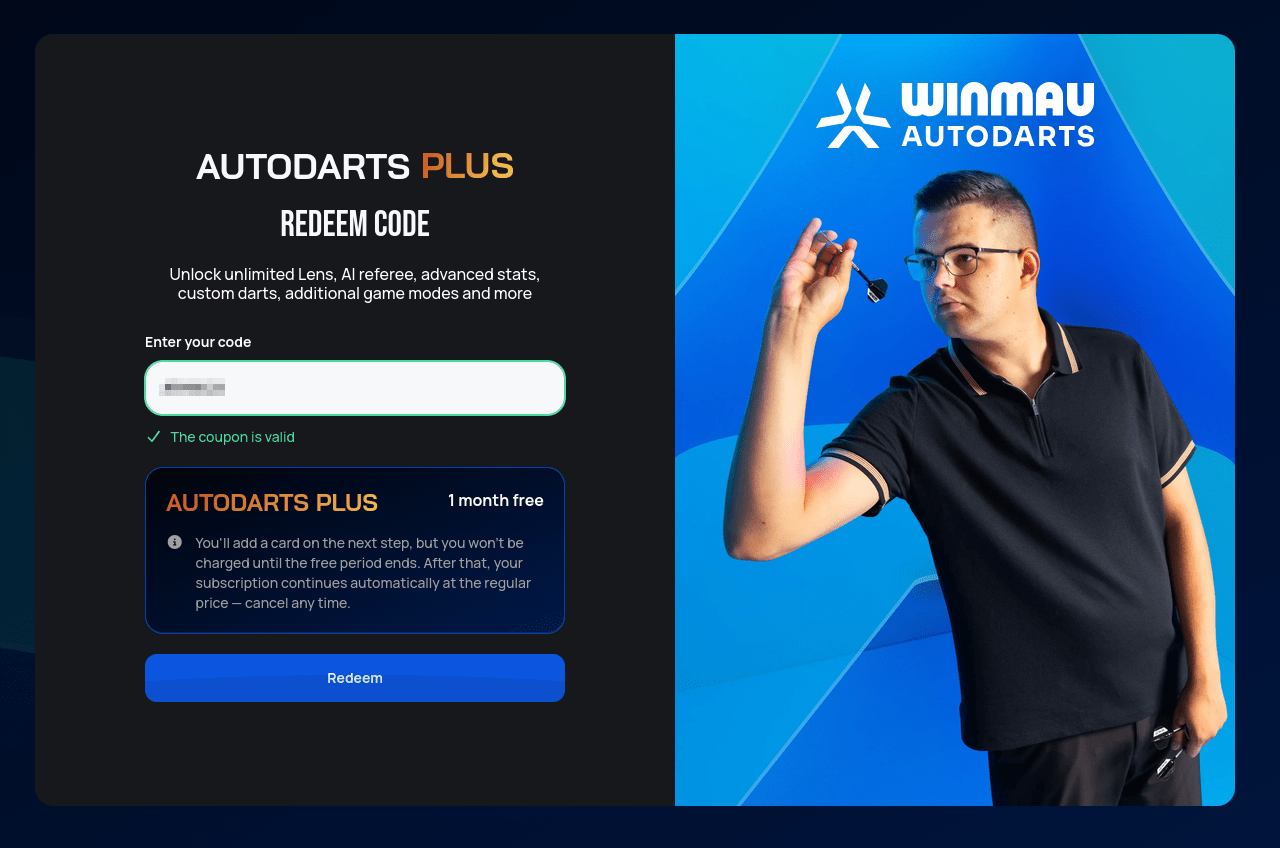 A valid coupon showing Autodarts Plus, 1 month free, and a note that a card is added on the next step and the subscription continues automatically afterwards