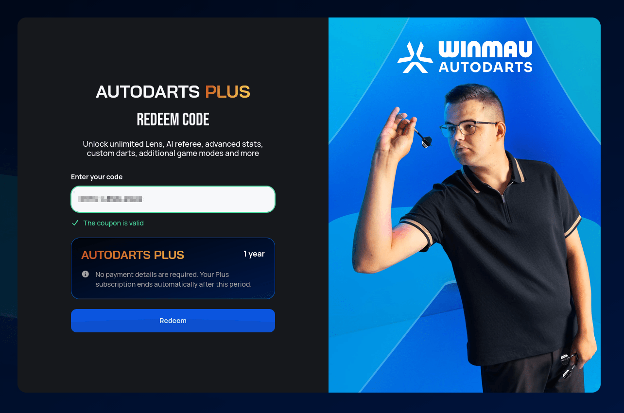 A valid coupon showing Autodarts Plus, 1 year, and a note that no payment details are required and the subscription ends automatically after the period