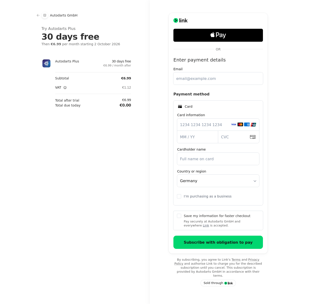 The payment provider's checkout page showing Try Autodarts Plus, 30 days free, then 6.99 euro per month, Total due today 0.00 euro, and card payment fields